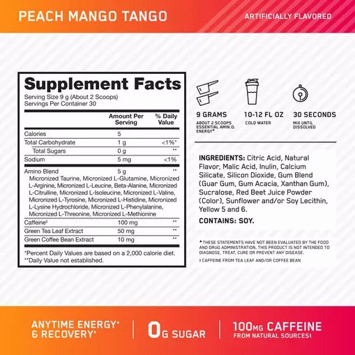 Optimum Nutrition ESSENTIAL AMIN.O. ENERGY® *new* Peach Mango Tango - Notify Me 0.6 lb - Notify me | 53204HQTR