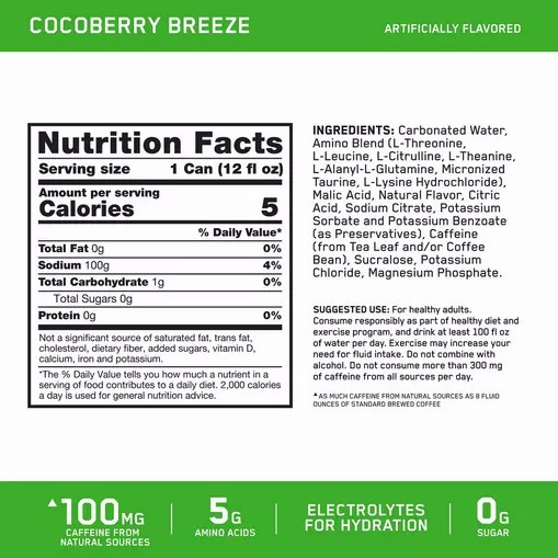 Optimum Nutrition ESSENTIAL AMIN.O. ENERGY+ Electrolytes Sparkling *new* Cocoberry Breeze 355ml * 12 Cans (12 Servings) | 34062XUMS