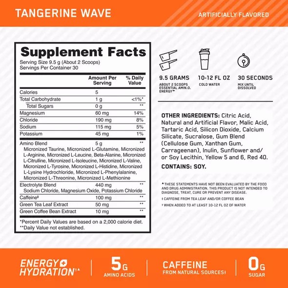 Optimum Nutrition Essential AMIN.O. ENERGY + Electrolytes Tangerine Wave 0.63 lb (30 Servings) | 04169GQCI