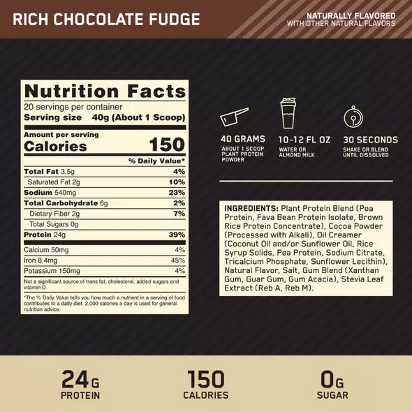 Optimum Nutrition GOLD STANDARD® 100% Plant Rich Chocolate Fudge 1.76 lb (20 Servings) | 80613ZFJO