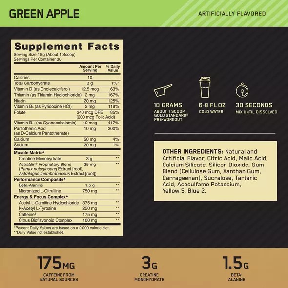 Optimum Nutrition GOLD STANDARD® Pre-Workout Green Apple 0.66 lb (30 Servings) | 79234CNIU
