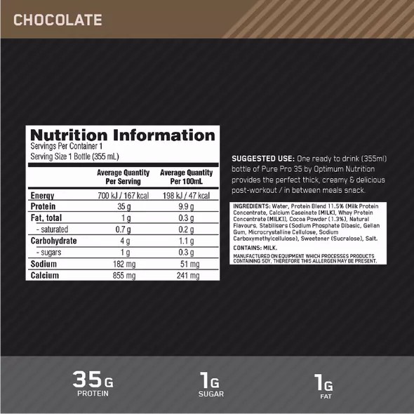 Optimum Nutrition Pure Pro 35 Chocolate 355ml (6 bottles) | 30541ZBCA
