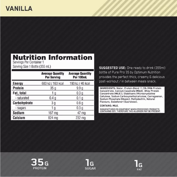 Optimum Nutrition Pure Pro 35 Vanilla 355ml (6 bottles) | 16209ETAZ