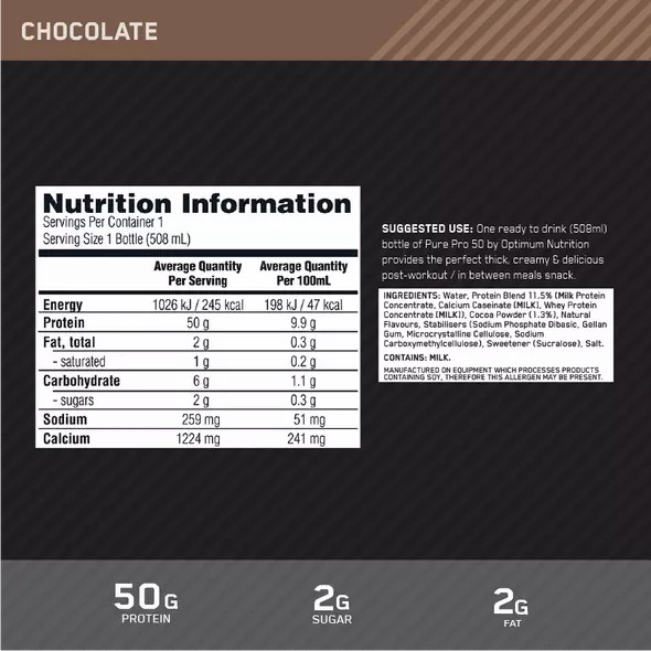 Optimum Nutrition Pure Pro 50 Chocolate 508ml (12 bottles) | 10689GPOM