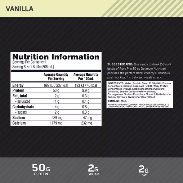 Optimum Nutrition Pure Pro 50 Vanilla 508ml (12 bottles) | 51239AMOE